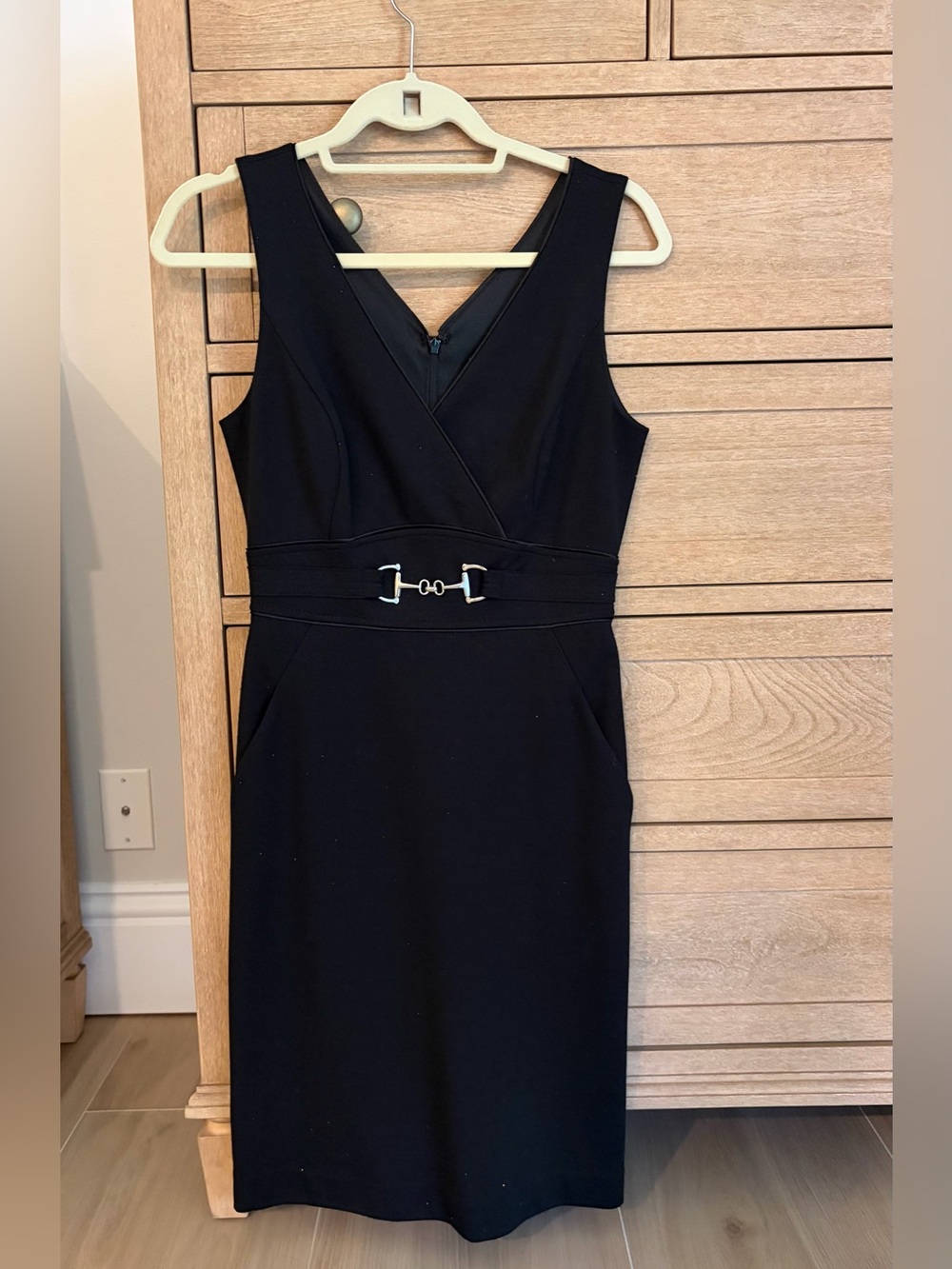 White House Black Market Classic Black Sheath Dress with Silver Accent Buckle
